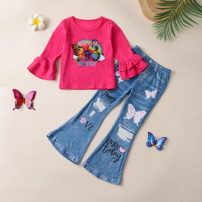 Wholesale Cotton Children's Long Sleeve Butterfly Sweatshirt Imitation Denim Bell Pants Suit