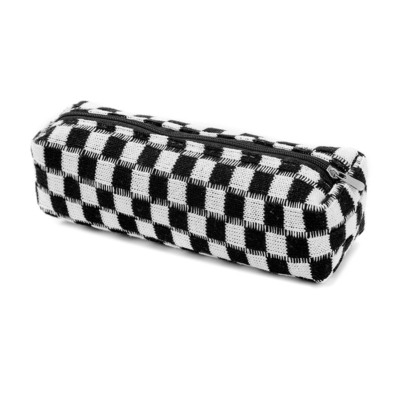 Plush Knitted Wool Checkerboard Pencil Case