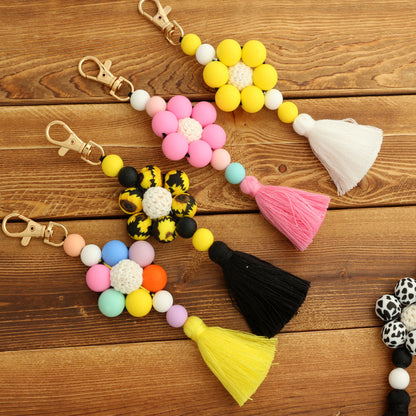 Leopard Print Sunflower Silicone Beaded Tassel Keychain