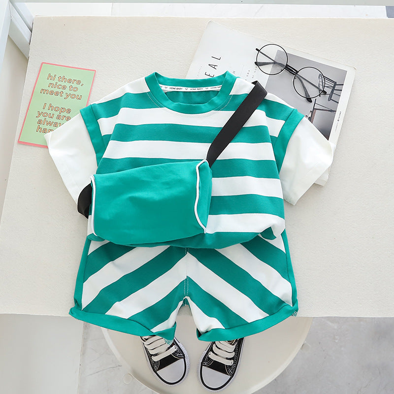 Boys Summer Short Sleeved Shorts Shoulder Bag Cotton Set
