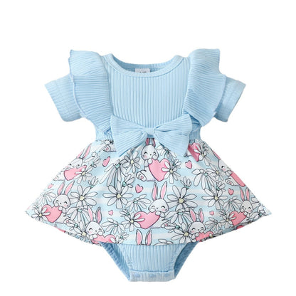 Easter Cotton Baby One Piece Rabbit Ripple Bow Dress