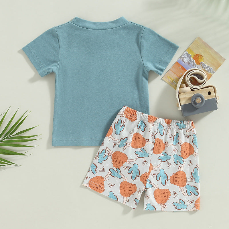 Cotton Summer New Aztec Western Cowboy T-Shirt Shorts Set