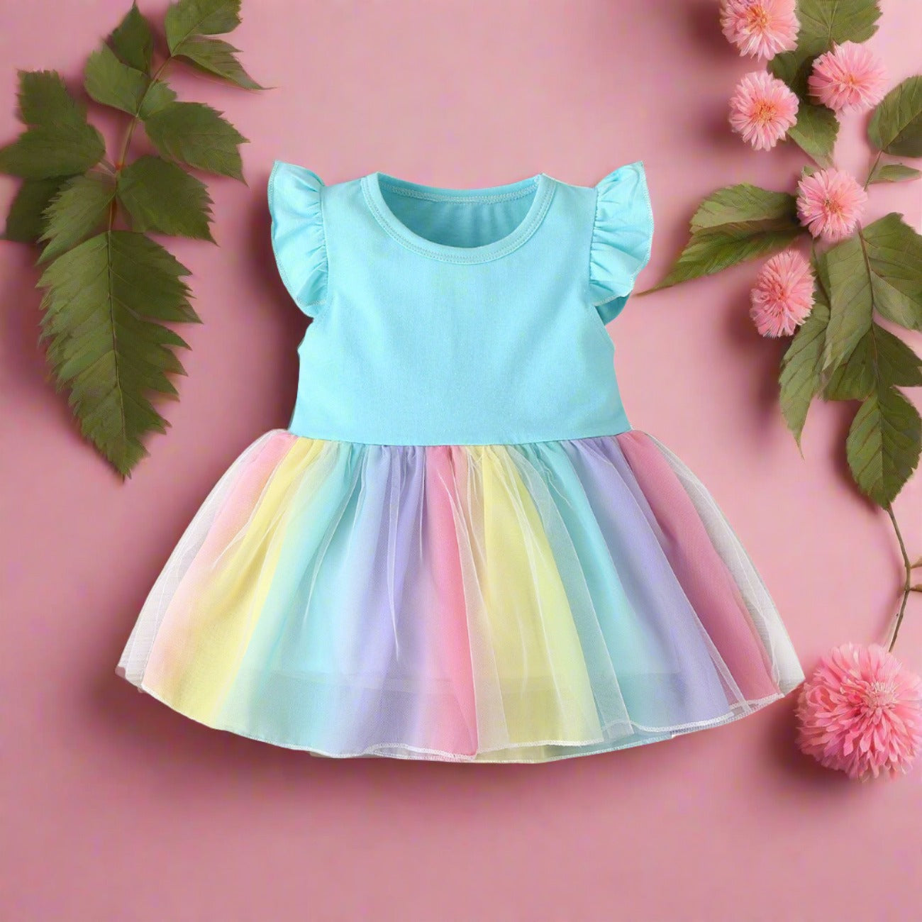 Girls Mesh Rainbow Dress Cotton Baby Clothes