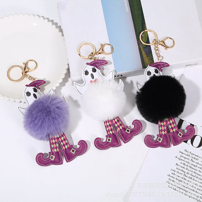 Halloween Leather Skull Hair Ball Keychain