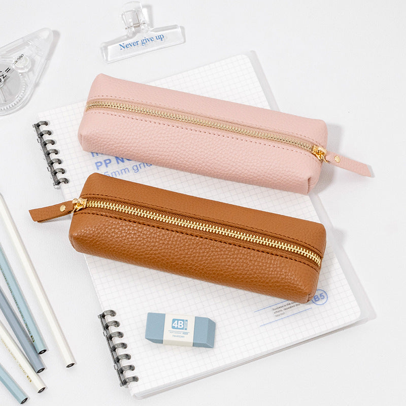 Pebbled Leather Large Capacity Zipper Pen Bag