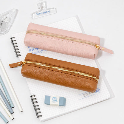 Pebbled Leather Large Capacity Zipper Pen Bag