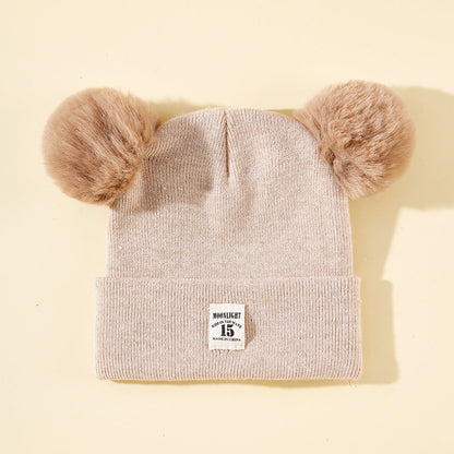 Wholesale acrylic autumn winter solid color woolen kids double ball hat