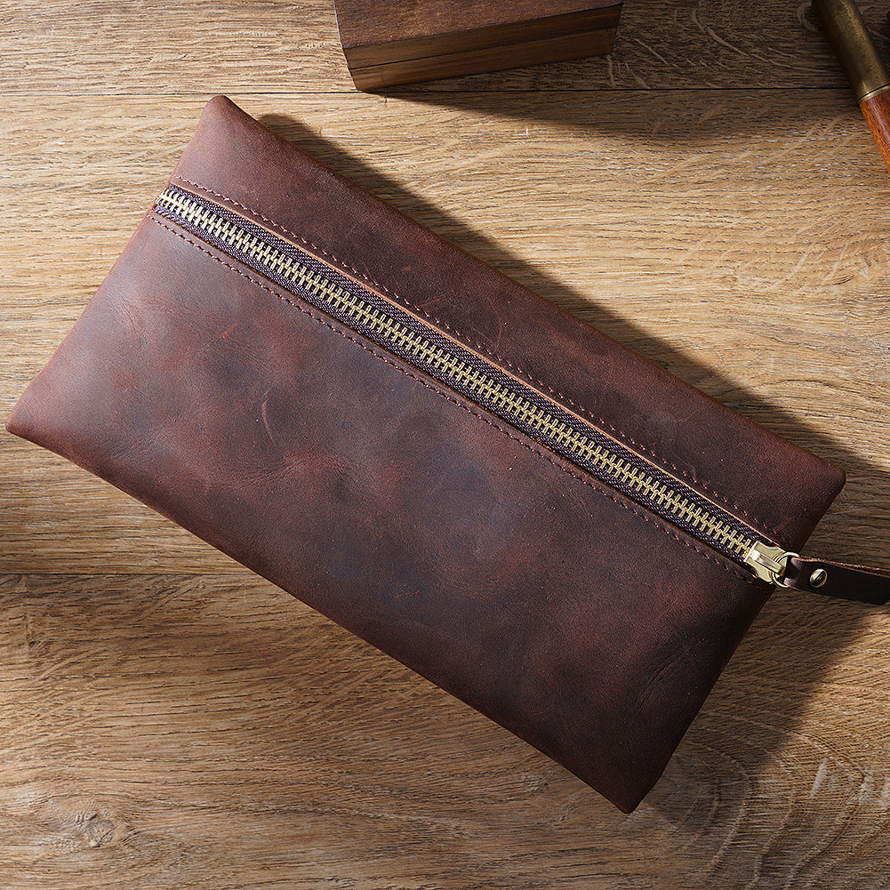 Cowhide Large -capacity Zipper Simple Portable Pen Bag