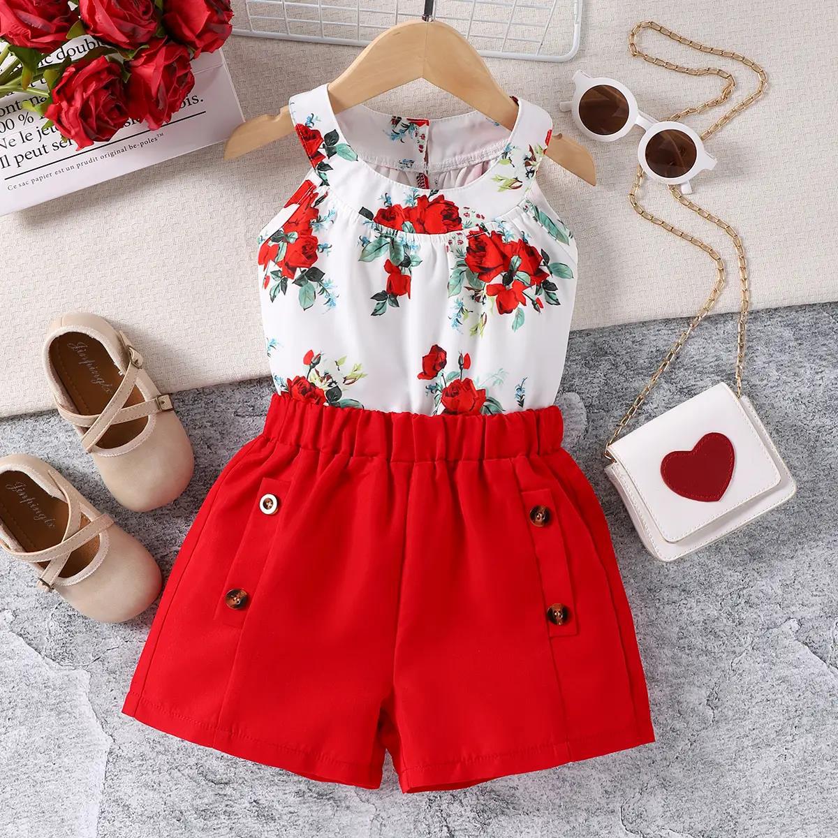 Round Neck Rose Print Top Shorts Two-piece Baby Clothes