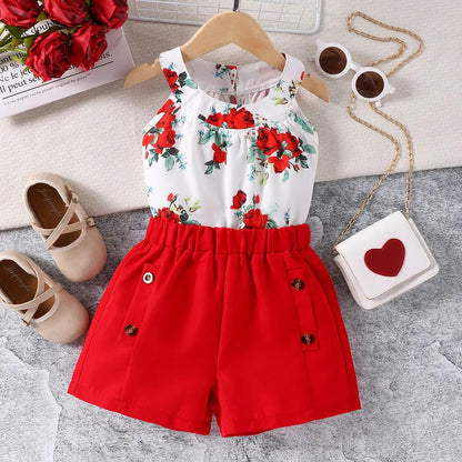 Round Neck Rose Print Top Shorts Two-piece Baby Clothes