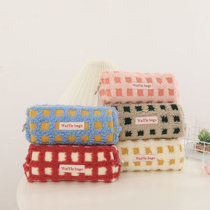 Waffle Lamb Plush Checkerboard Pencil Case