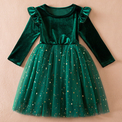 Wholesale Christmas Children's Long Sleeved Star Sequin Mesh Cotton Dresses