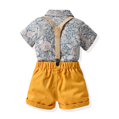 Children's Cotton Short Sleeved Printed Shirts and Suspenders