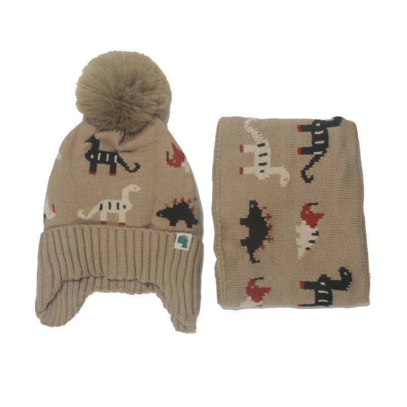 Wholesale Autumn and Winter Children's Dinosaur Plus Velvet Warm Acrylic Scarf and Hat Set of Two