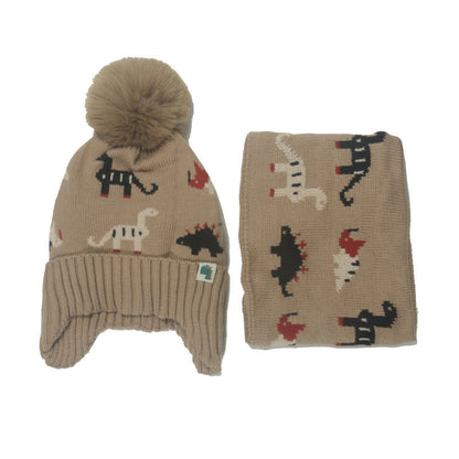 Wholesale Autumn and Winter Children's Dinosaur Plus Velvet Warm Acrylic Scarf and Hat Set of Two