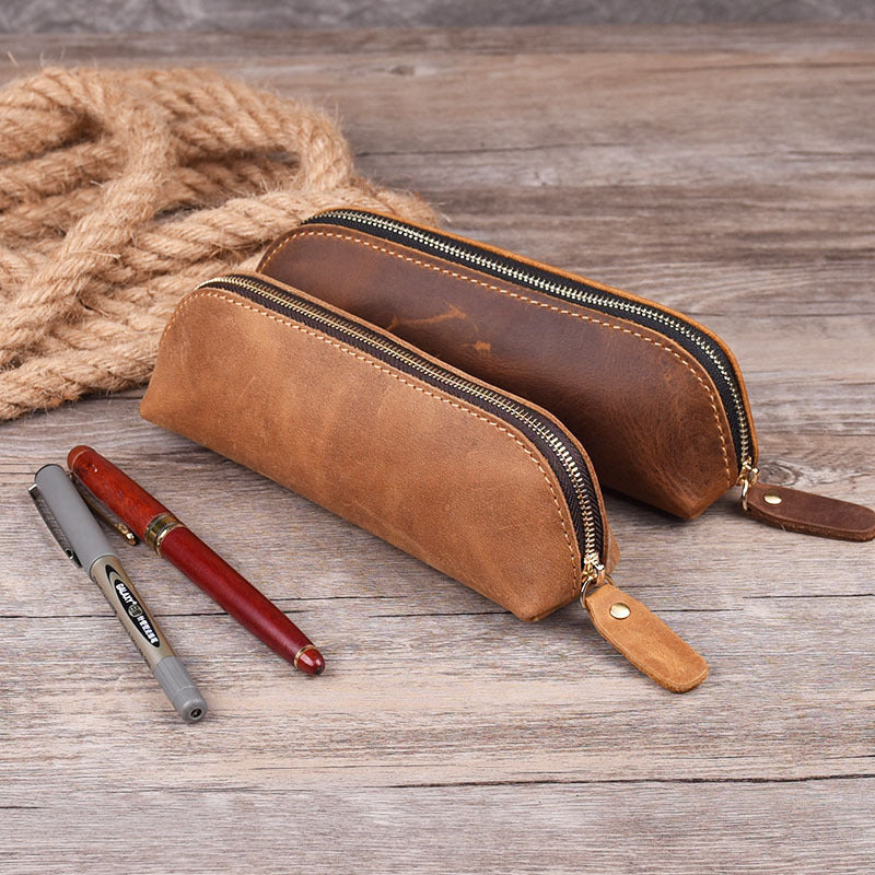 Vintage Minimalist Cowhide Zippered Pencil Case