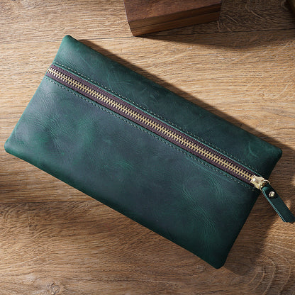 Cowhide Large -capacity Zipper Simple Portable Pen Bag