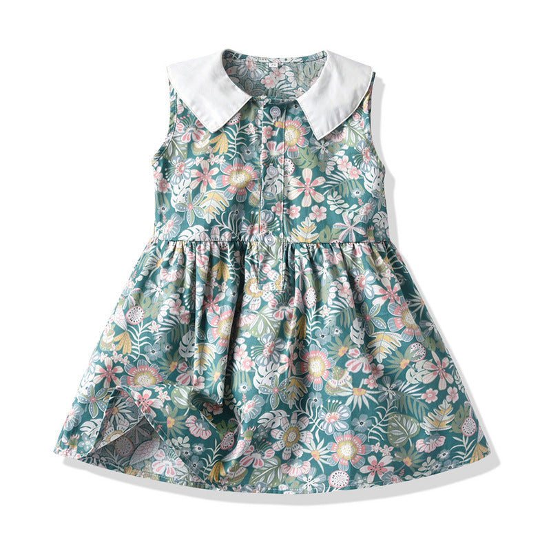 Children's Cotton Sleeveless Floral Doll Neck Dresses
