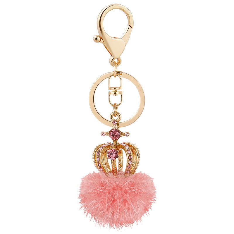 Diamond Studded Mink Fur Ball Crown Keychain