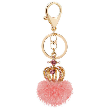 Diamond Studded Mink Fur Ball Crown Keychain