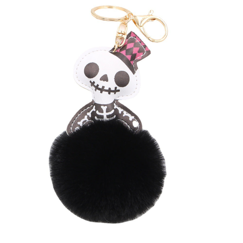 Halloween Leather Skull Fur Ball Keychain