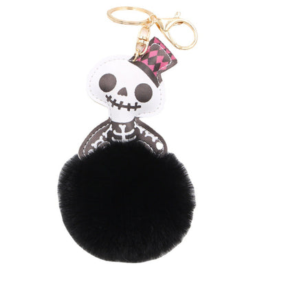 Halloween Leather Skull Fur Ball Keychain
