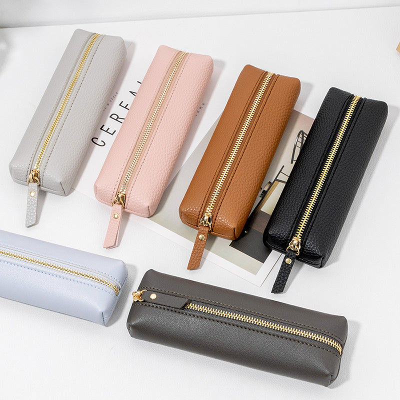 Pebbled Leather Large Capacity Zipper Pen Bag