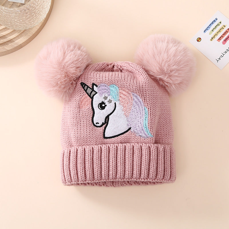 Children's Winter Knitted Hat Unicorn Double Ball Woolen Hat