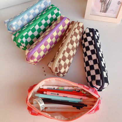 Checkerboard Knitted Large Capacity Wool Pencil Bag