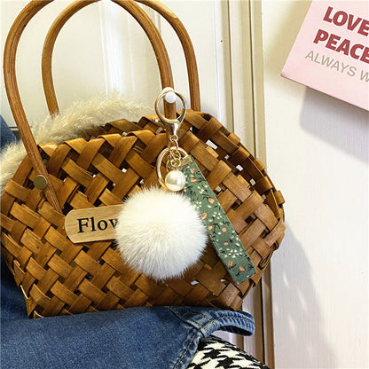 Plush Floral Ribbon Pom Keychain