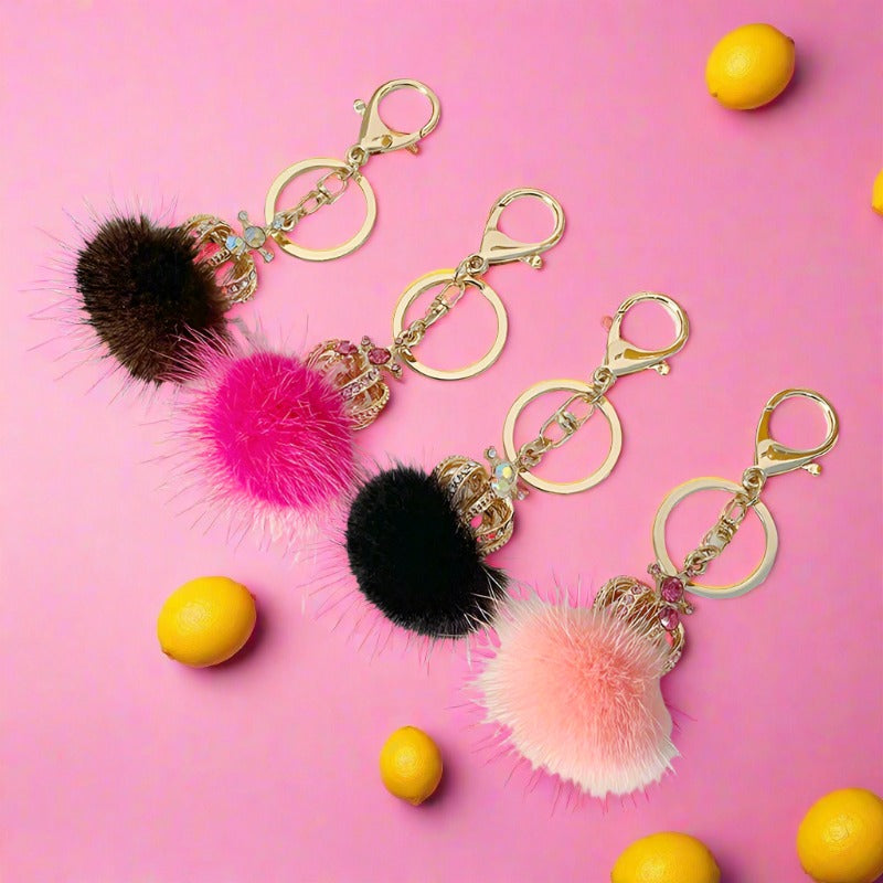 Diamond Studded Mink Fur Ball Crown Keychain