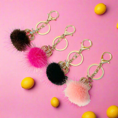 Diamond Studded Mink Fur Ball Crown Keychain