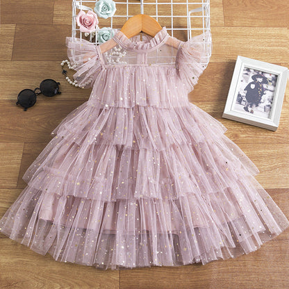 Girls Summer Star Sequin Cake Mesh Tutu Skirt