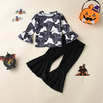 Wholesale Cotton Cow Head Print Top Solid Color Casual Pants Suit