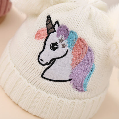 Children's Winter Knitted Hat Unicorn Double Ball Woolen Hat