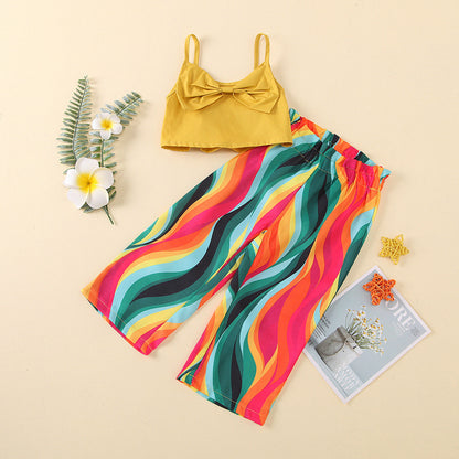 Solid color bow tie suspender rainbow color wide leg trousers small and medium-sized children's suit