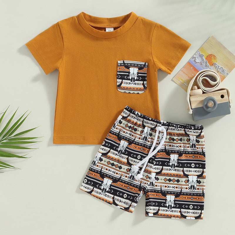 Cotton Summer New Aztec Western Cowboy T-Shirt Shorts Set