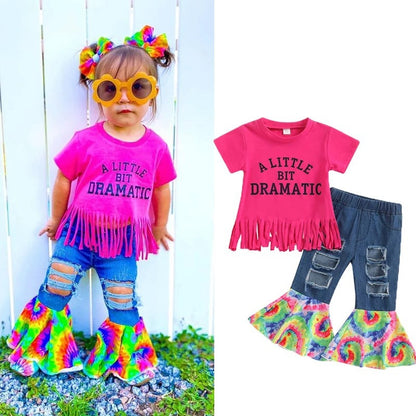 Ripped Patchwork Tie-dye Denim Flared Pants Two-piece Set