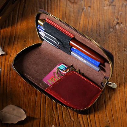 Top Layer Cowhide Crazy Horse Leather Square Zipper Pencil Case