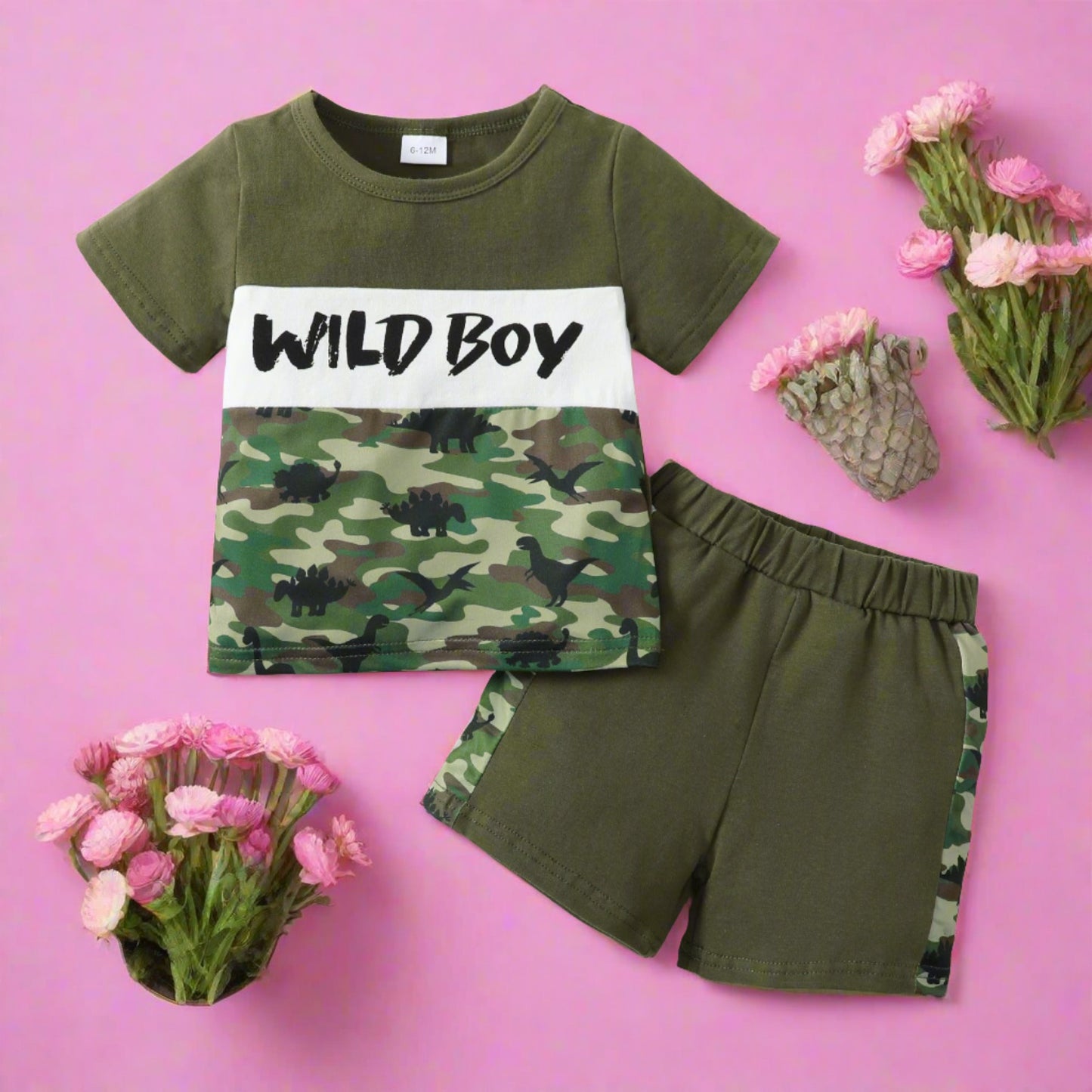 Cotton Camouflage Letter Print Short Sleeve Top Solid Color Shorts