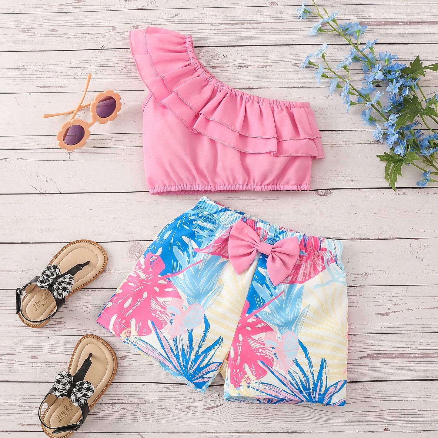 Cotton Solid Color Slanted Collar Top and Shorts Set