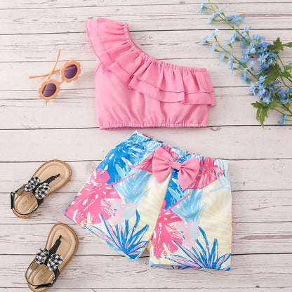 Cotton Solid Color Slanted Collar Top and Shorts Set