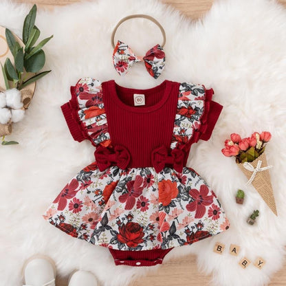 Cotton Jumpsuit with Floral Buns and Baby Crawling Clothes