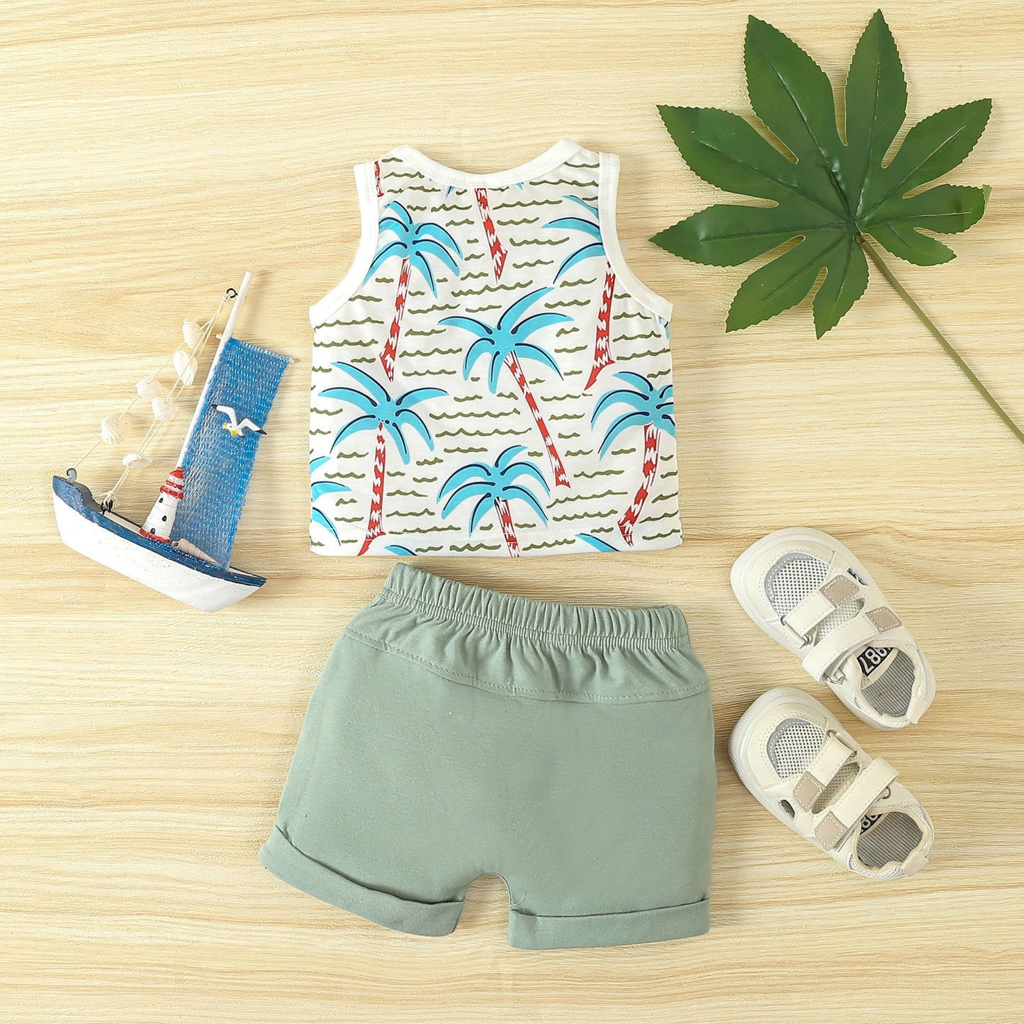 Summer Beach Style Printed Tank Top Shorts Cotton Baby Set