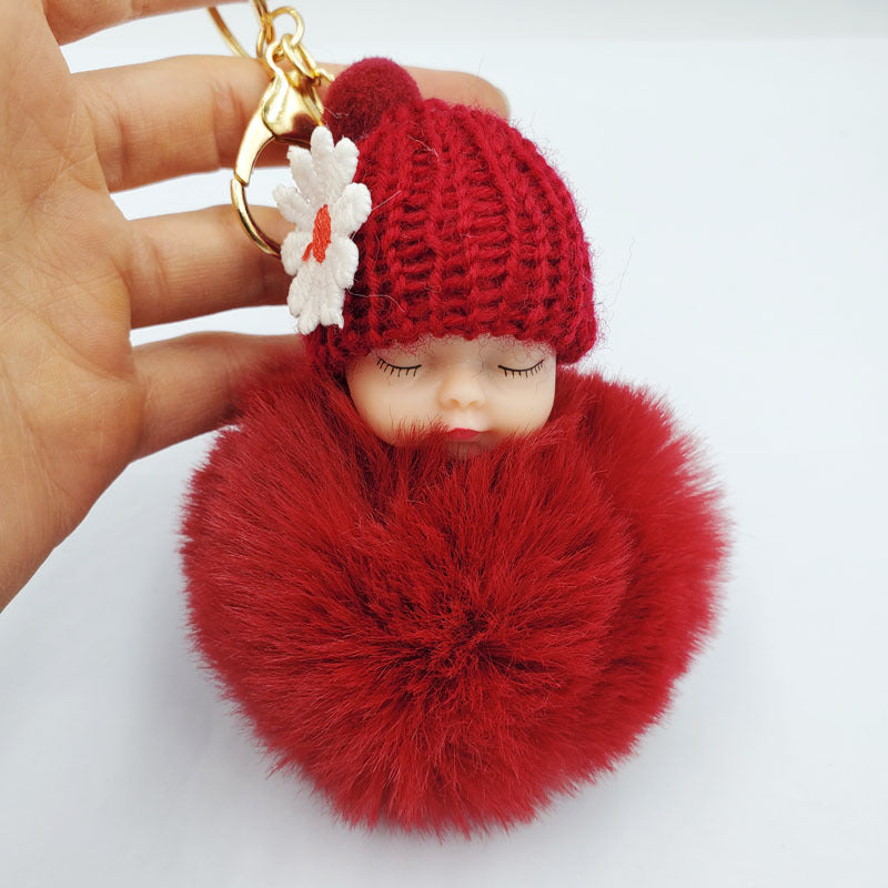 Cute sleeping doll keychain fur ball pendant