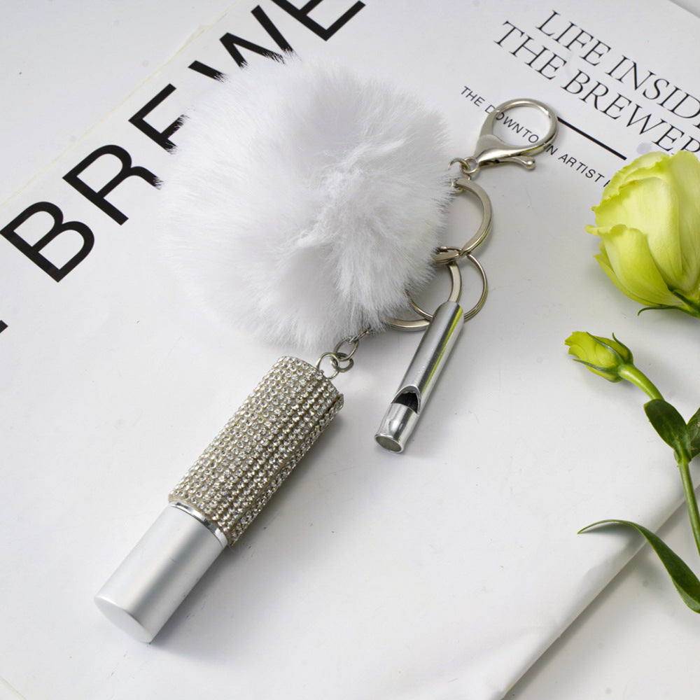 Fur Ball Rhinestone Perfume Bottle Whistle Combination Keychain