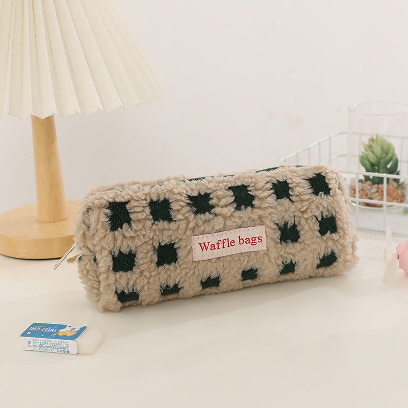 Waffle Lamb Plush Checkerboard Pencil Case