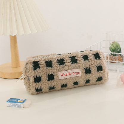 Waffle Lamb Plush Checkerboard Pencil Case