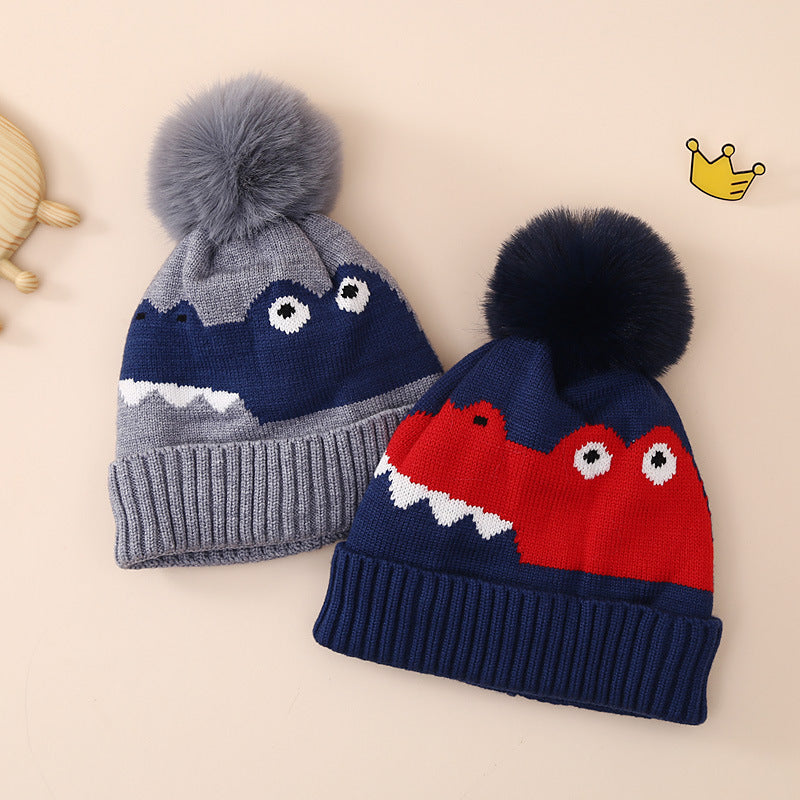 Wholesale Children's Dinosaur Knitted Hat Plus Velvet and Thickened Cartoon Woolen Hat