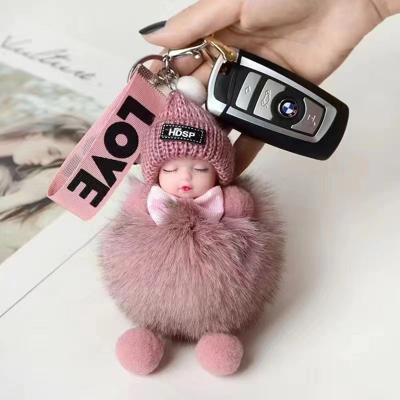 Real Fox Fur Ball Pendant Sleep Doll Keychain